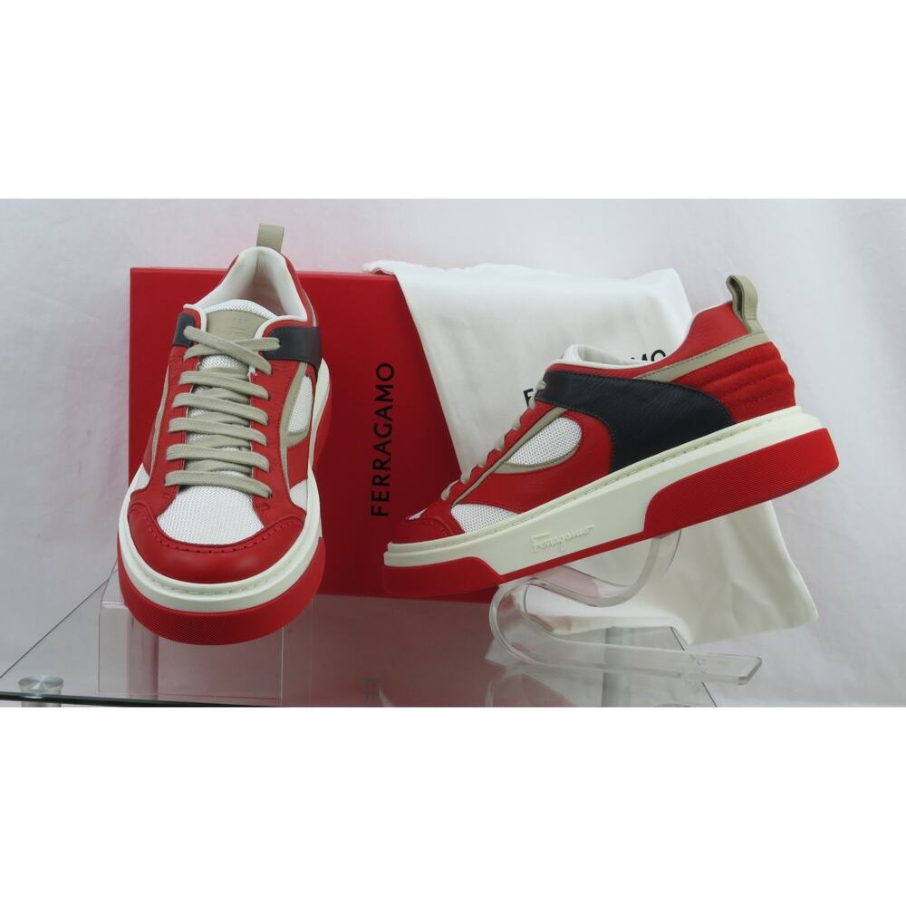 NIB FERRAGAMO CASSINA RED BLACK LEATHER LOGO LACE UP SNEAKERS 12 M ITALY - Picture 3 of 13